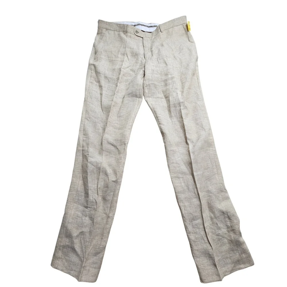 Joseph Abboud Dress Pants Men 40 Beige 100% Linen Flat Front Straight Leg 3750